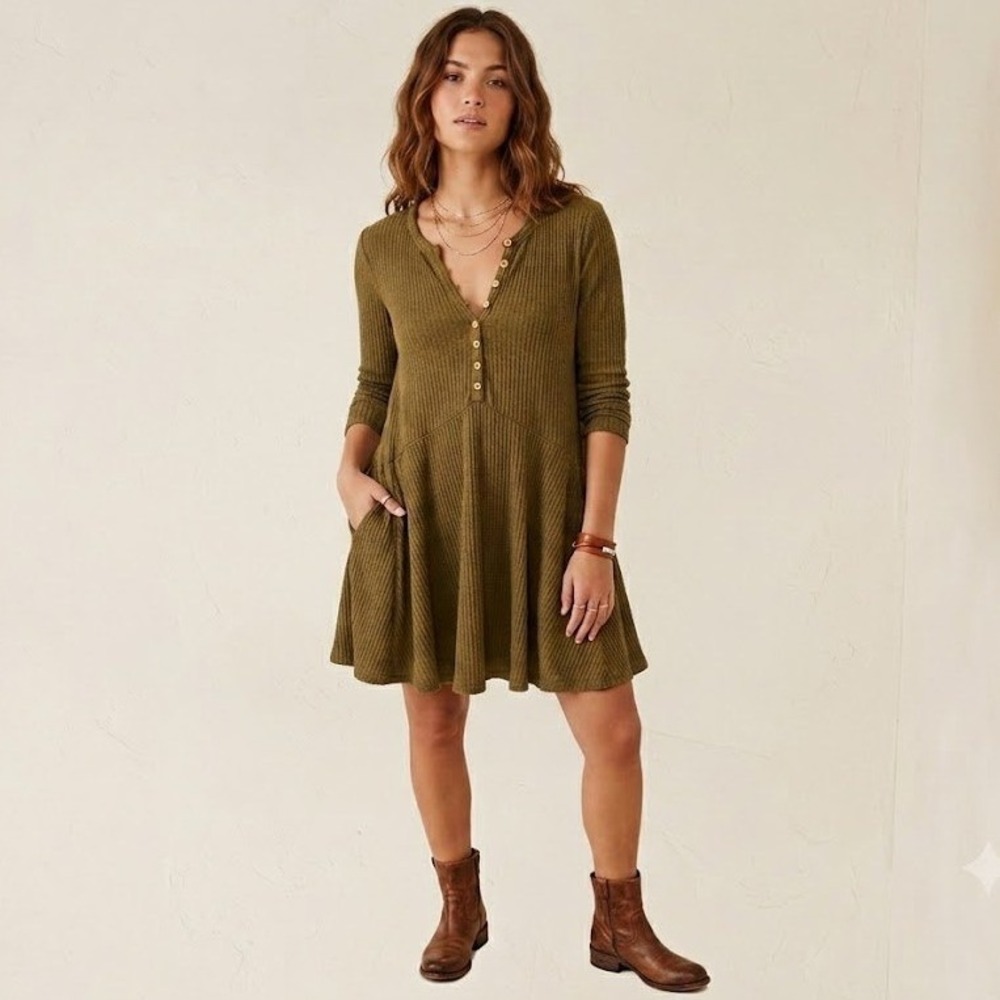 Free People FP Beach Mini Henley Dress Tunic Oversized Small Olive Green